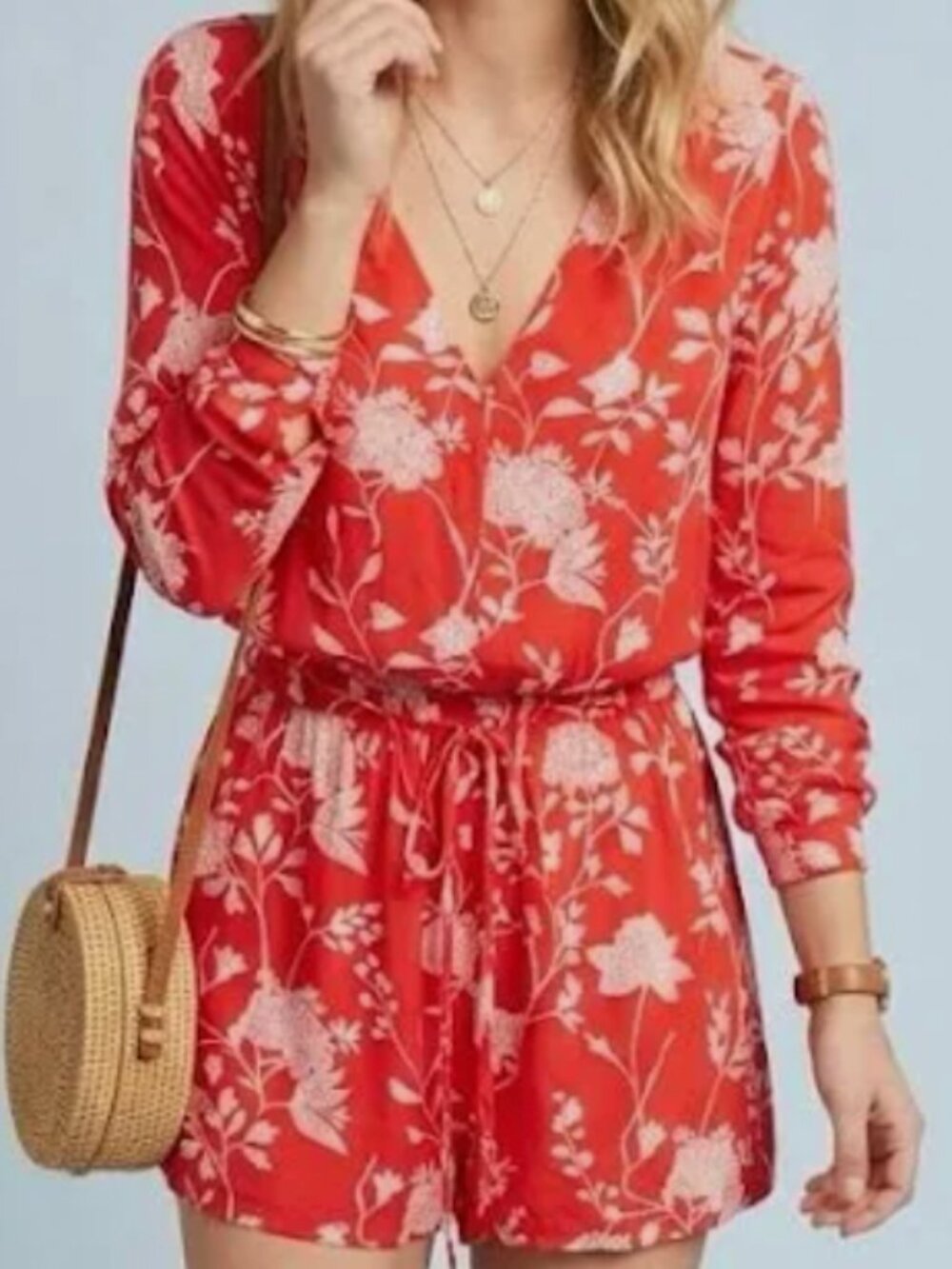 Red & Pink Toile Print romper | Drawstring Waist | Summer Vacation Style